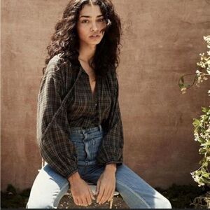 Doen Navy Tan Plaid Guadalupe Cotton Blouse Small